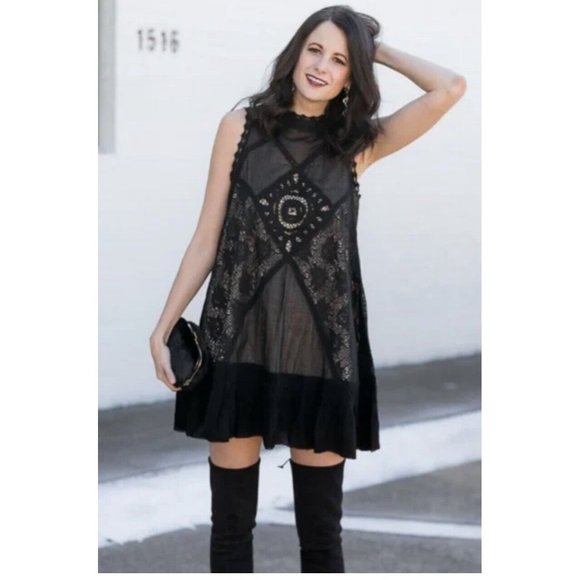 Free People Dresses & Skirts - Free People Angel Lace Mini Dress Black Size Small Lace Crochet Boho Romantic